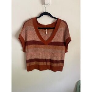 Free People Striped V-Neck Sweater Vest Rust Orange Fuzzy Knit Cap Sleeve Small